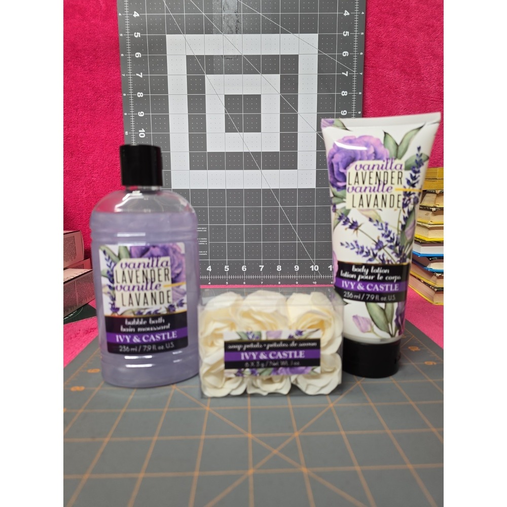Ivy & Castle Vanilla Lavender Body Lotion Bubble Bath & Soap Petals Set Of 3 New